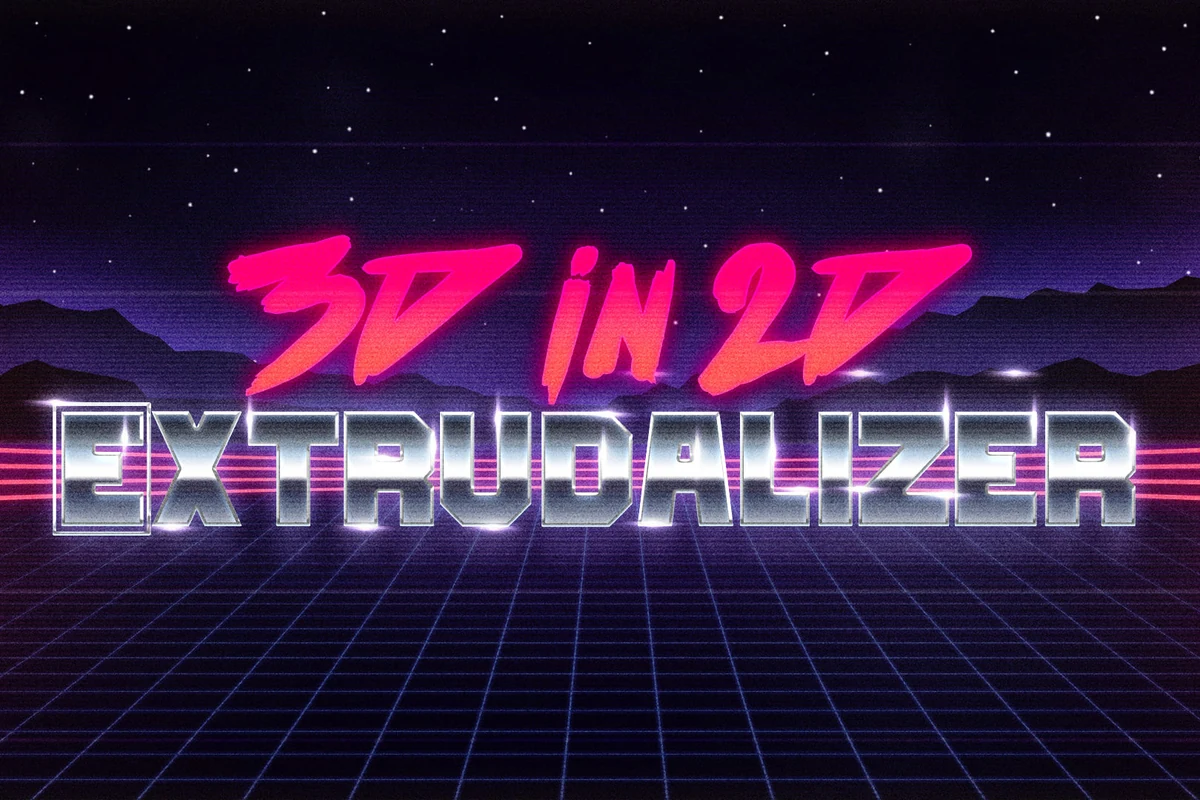 Extrudalizer: 3D in 2D, with extruded lettering over a neon perspective grid.