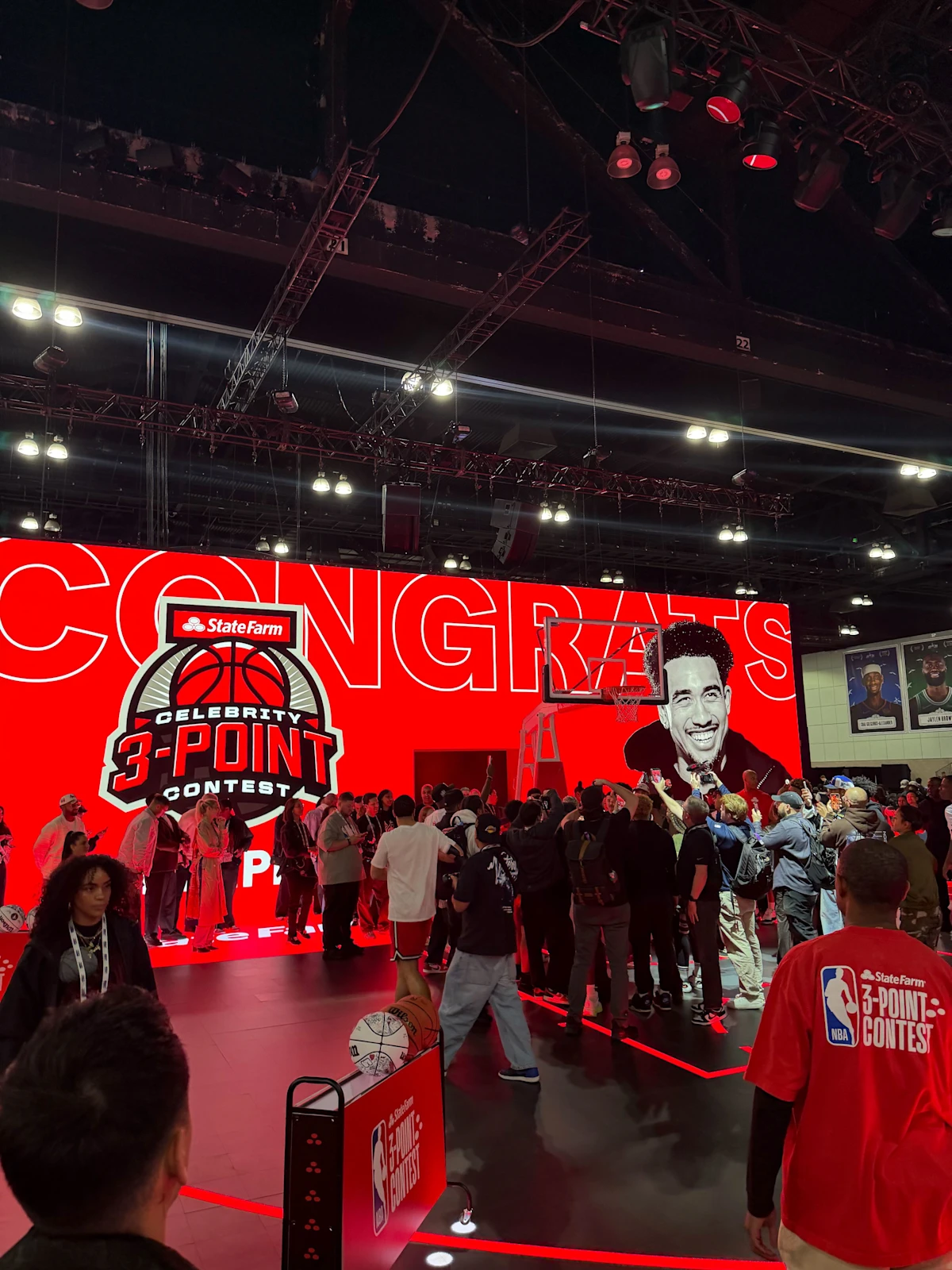 State Farm Celebrity Three Point Contest graphics across the LED wall and court at NBA All-Star Weekend.
