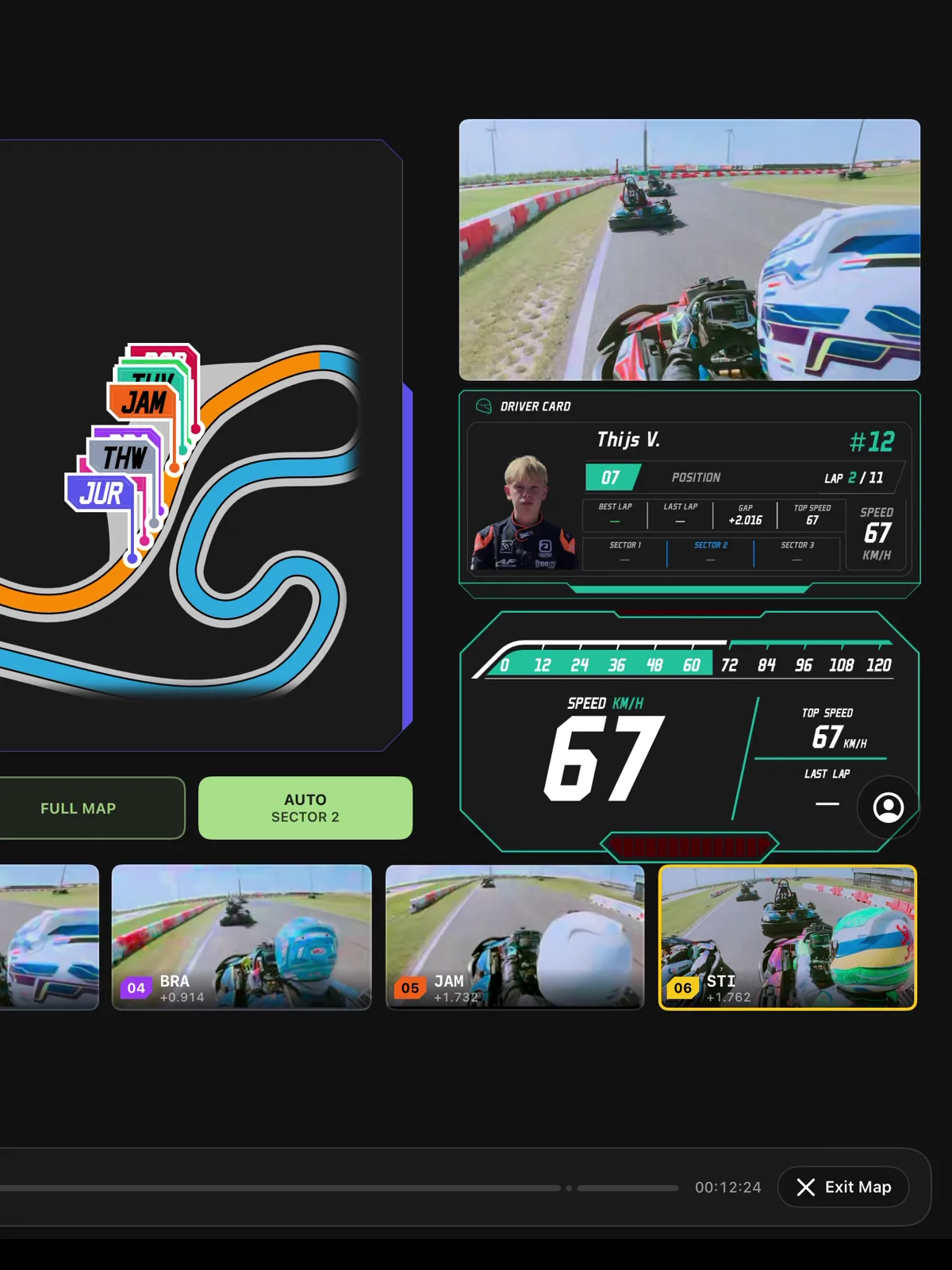 TiledMedia multiview player showing the full-map track view with live kart positions, a driver card and a speedometer.